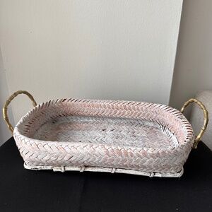 Vintage Handwoven Rattan Serving Tray with Brass Handles Whitewashed Boho Decor